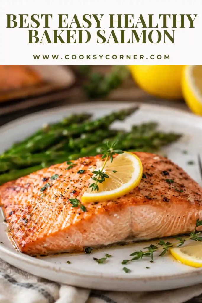 Healthy oven-baked salmon served with roasted vegetables and fresh lemon wedges for a nutritious dinner.