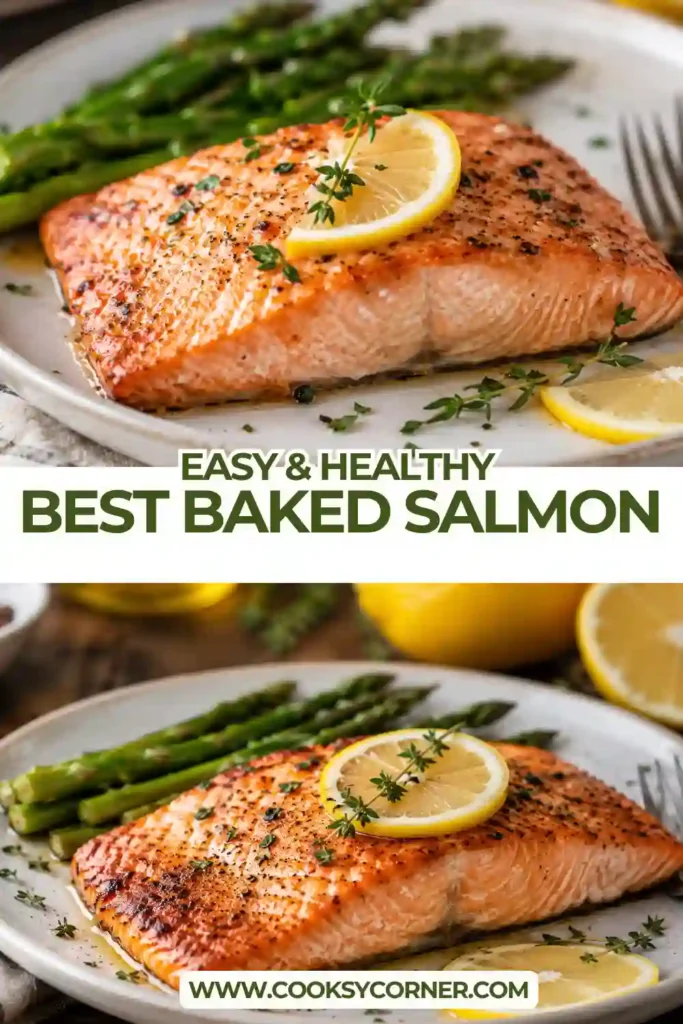 Juicy Best Easy Healthy Baked Salmon topped with fresh lemon slices, garlic, and herbs on a baking tray.
