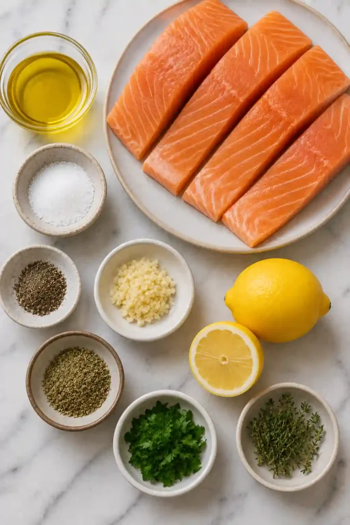 Golden baked salmon fillets with olive oil, garlic, and herbs served on a rustic platter with fresh parsley.