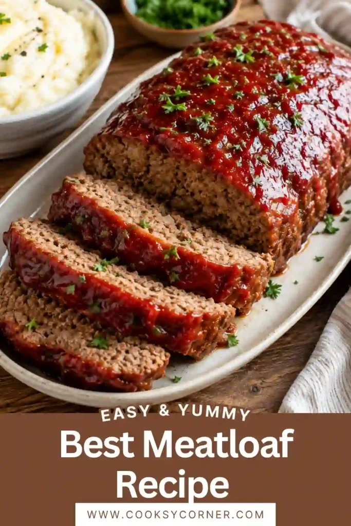 A sliced homemade Best Meatloaf Recipe topped with a glossy ketchup glaze and served with creamy mashed potatoes. The juicy beef meatloaf is tender and perfect for a comforting family dinner.