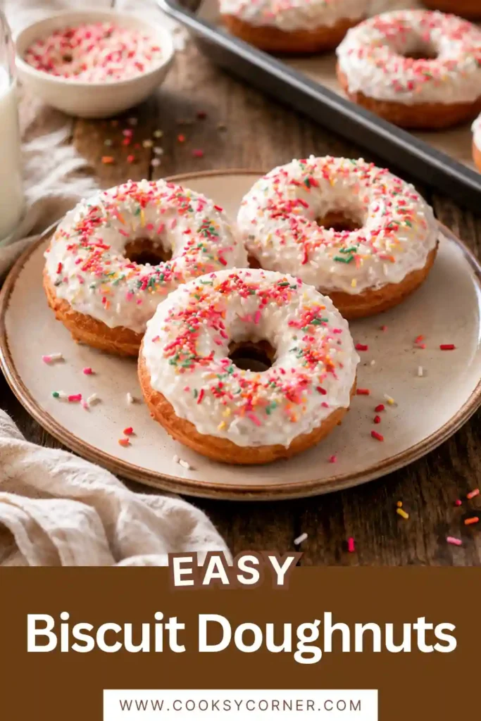 Freshly made Biscuit Doughnuts coated in smooth vanilla glaze and topped with colorful sprinkles. The doughnuts are golden brown with a soft, fluffy interior.