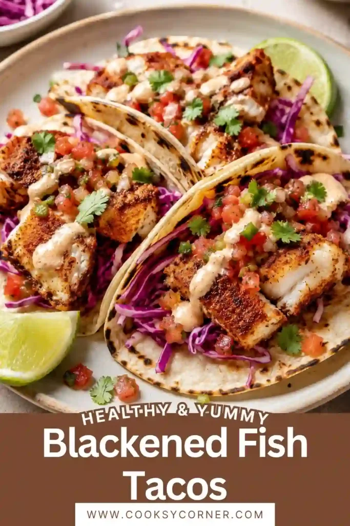 Ingredients for easy Blackened Fish Tacos including cod, homemade spice blend, shredded cabbage, pico de gallo, lime, tortillas, butter, mayonnaise, and sour cream displayed on a clean marble countertop. A Pinterest-style recipe ingredients image with natural lighting.