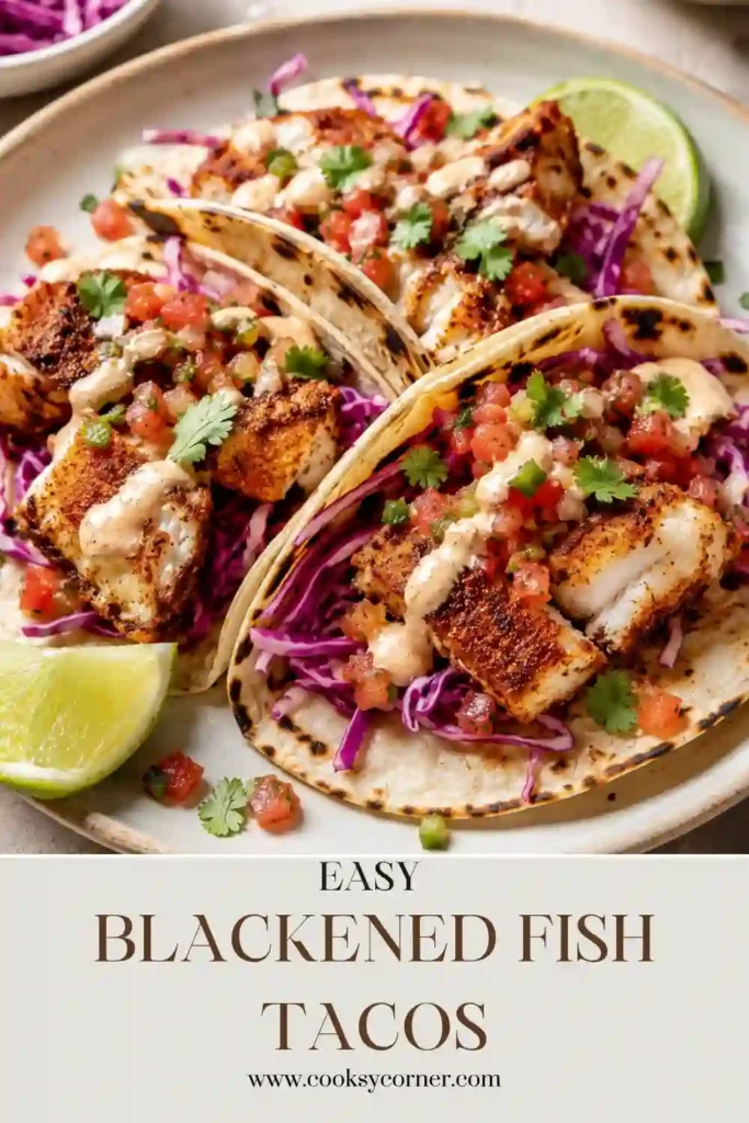 Fresh ingredients for Blackened Fish Tacos arranged on a marble surface, including cod fillets, homemade blackening seasoning, shredded cabbage, corn tortillas, lime, butter, sour cream, mayonnaise, and pico de gallo. This overhead ingredients photo showcases everything needed to make easy homemade fish tacos.
