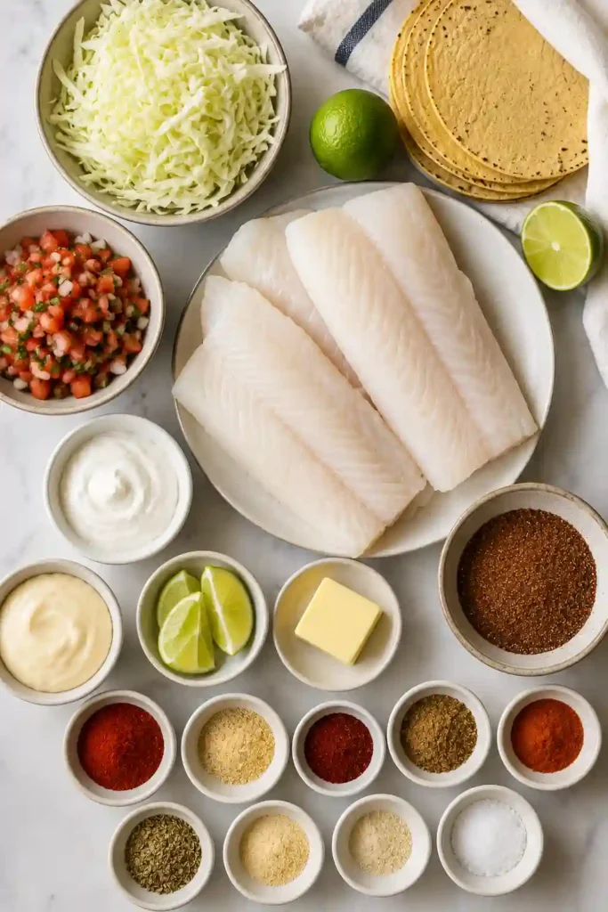 Overhead view of fresh ingredients for Blackened Fish Tacos featuring cod fillets, corn tortillas, shredded cabbage, homemade blackening seasoning, pico de gallo, lime wedges, butter, mayonnaise, and sour cream. A high-quality food photography image for seafood recipes.