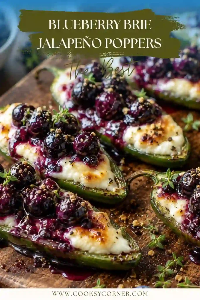 Close-up of baked Blueberry Brie Jalapeño Poppers garnished with fresh thyme and black pepper flakes. Gooey brie melts beneath a rich blueberry glaze.