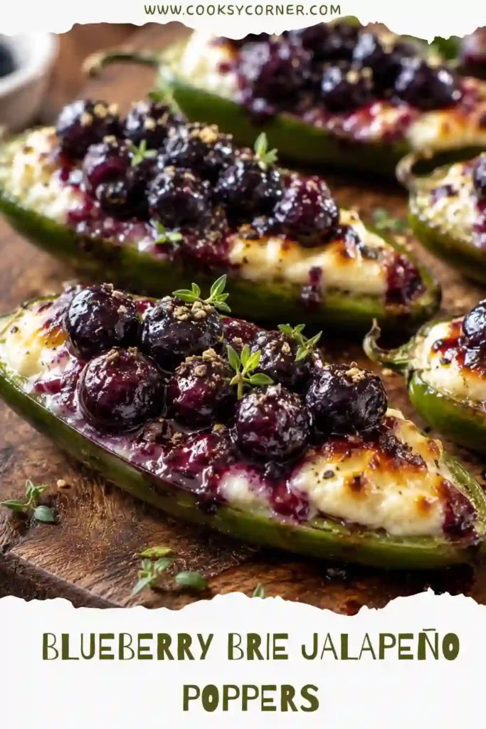 Freshly baked Blueberry Brie Jalapeño Poppers topped with homemade blueberry glaze, fresh thyme, and black pepper flakes. The creamy melted brie contrasts beautifully with the vibrant roasted jalapeños.