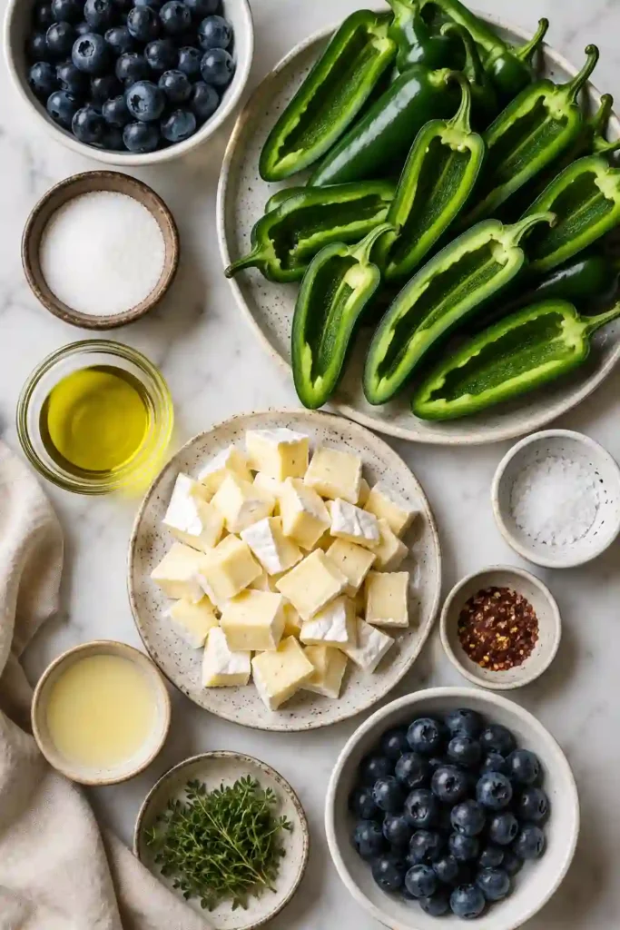 Homemade Blueberry Brie Jalapeño Poppers served warm on a rustic platter with fresh herbs. Sweet blueberry glaze drips over creamy baked brie.
