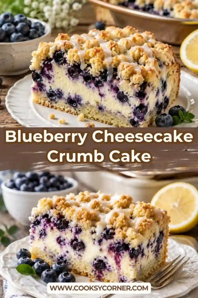 Freshly baked Blueberry Cheesecake Crumb Cake topped with sweet glaze and bursting blueberries. This creamy crumb cake is ideal for family desserts and weekend baking.