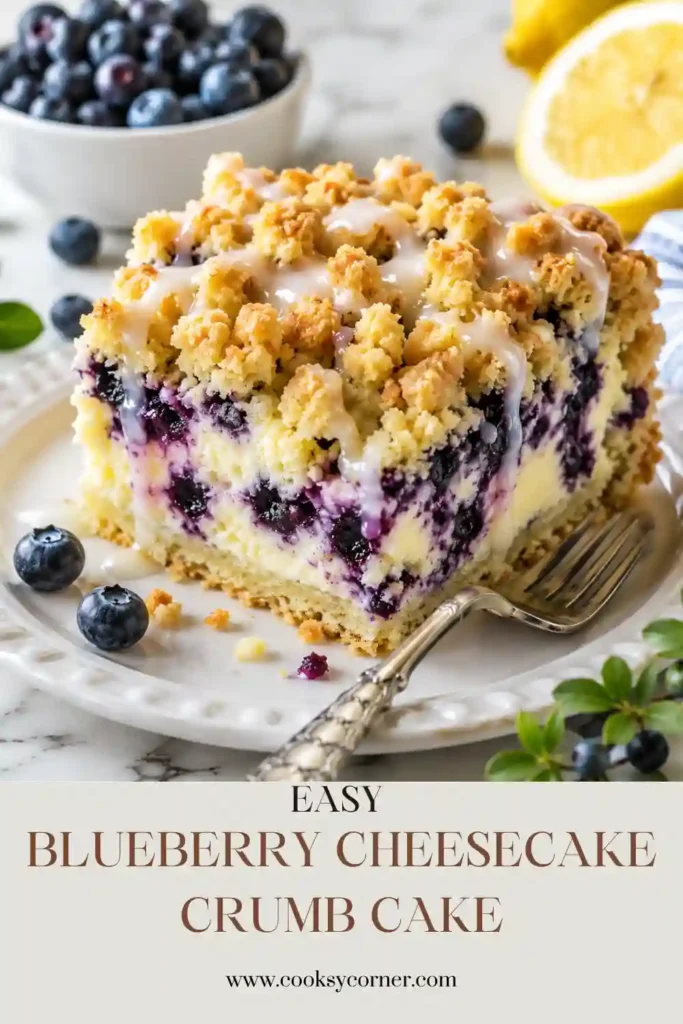 Homemade Blueberry Cheesecake Crumb Cake featuring layers of cream cheese, mascarpone, juicy blueberries, and crisp crumb topping. A delicious bakery-style blueberry dessert.