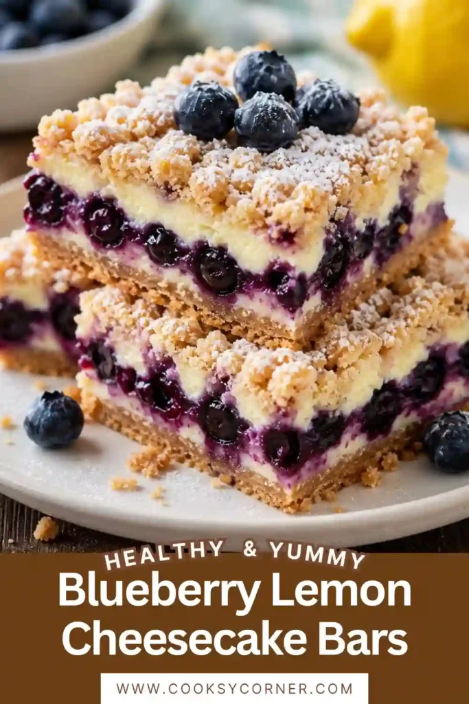 Creamy Blueberry Lemon Cheesecake Bars sliced into squares and topped with fresh blueberries and lemon zest.
