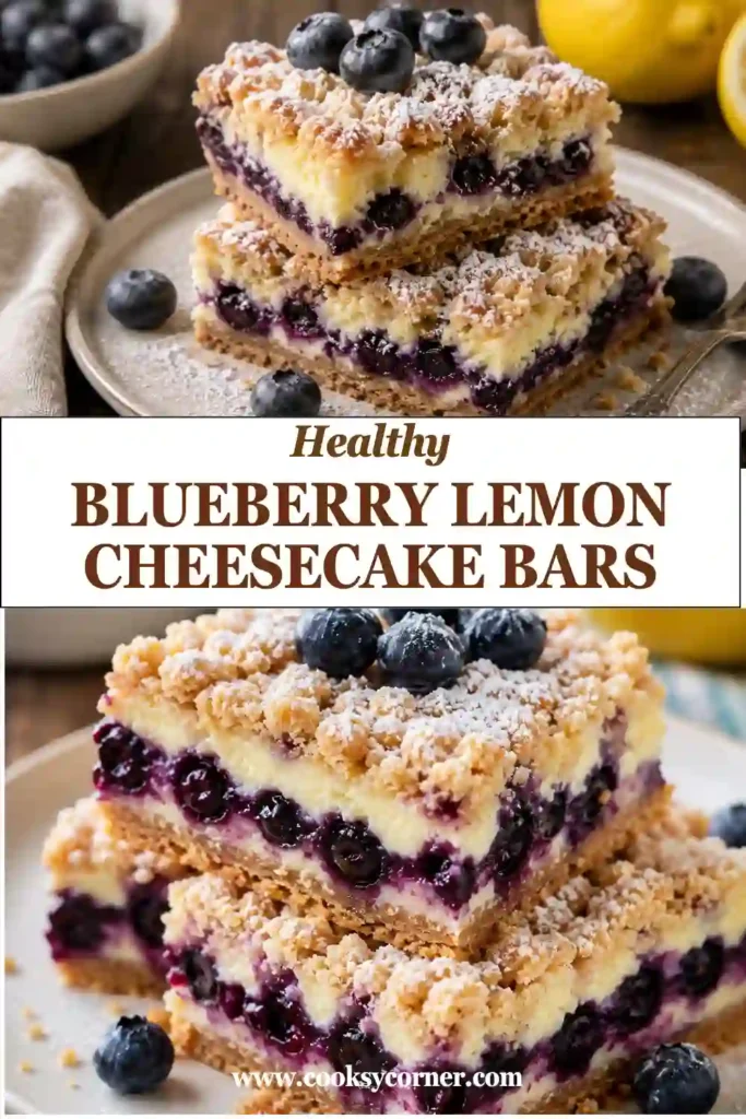 Homemade blueberry cheesecake bars layered with lemon cheesecake, juicy blueberries, and a crisp buttery crumble served on a dessert plate.