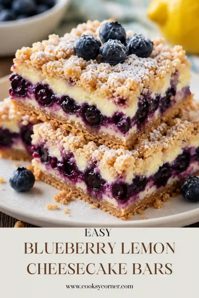 Blueberry Lemon Cheesecake Bars with a buttery graham cracker crust, creamy lemon cheesecake filling, fresh blueberries, and a golden crumble topping.