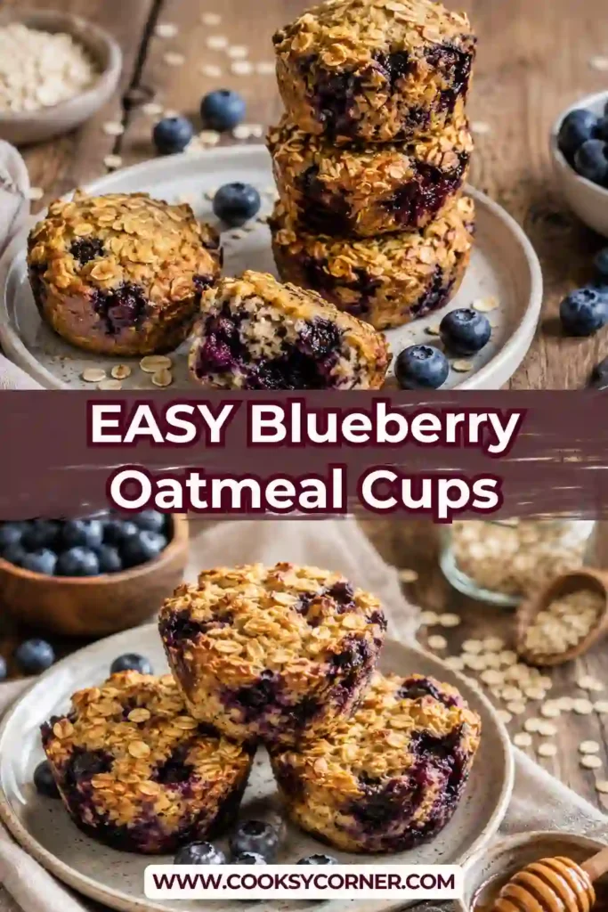 A close-up of moist Blueberry Oatmeal Cups made with rolled oats, banana, and fresh blueberries. Each cup has a soft texture and naturally sweet flavor.