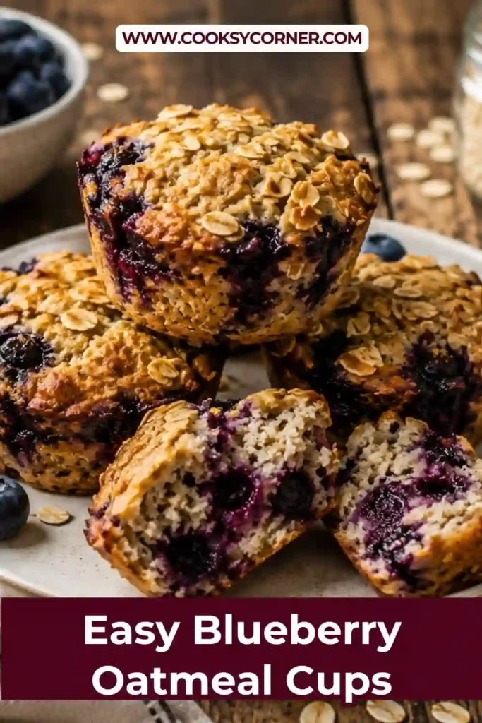 Freshly baked Blueberry Oatmeal Cups are arranged on a cooling rack with juicy blueberries visible throughout each golden cup. These healthy baked oatmeal cups make an easy meal prep breakfast for busy mornings.