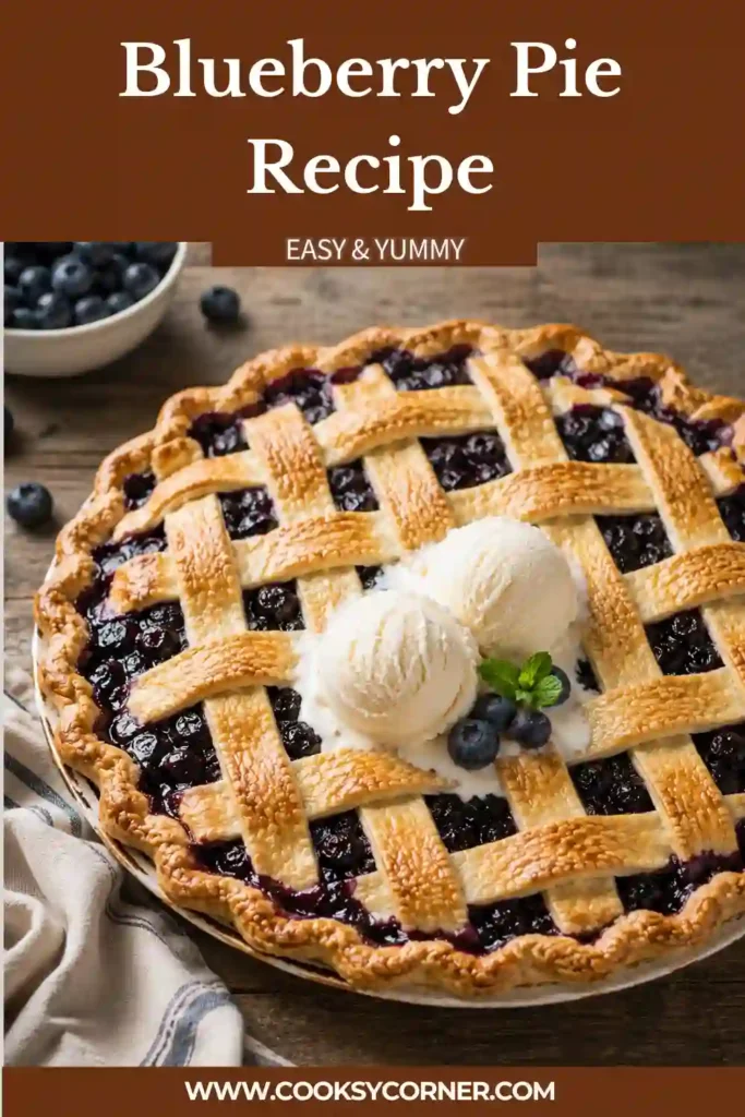 A slice of homemade blueberry pie topped with vanilla ice cream on a dessert plate. Juicy blueberries and crisp pastry create the perfect summer dessert.