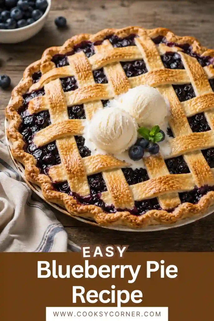 A homemade blueberry pie with a golden lattice crust filled with juicy blueberries. The pie is served on a rustic wooden table with fresh berries nearby.