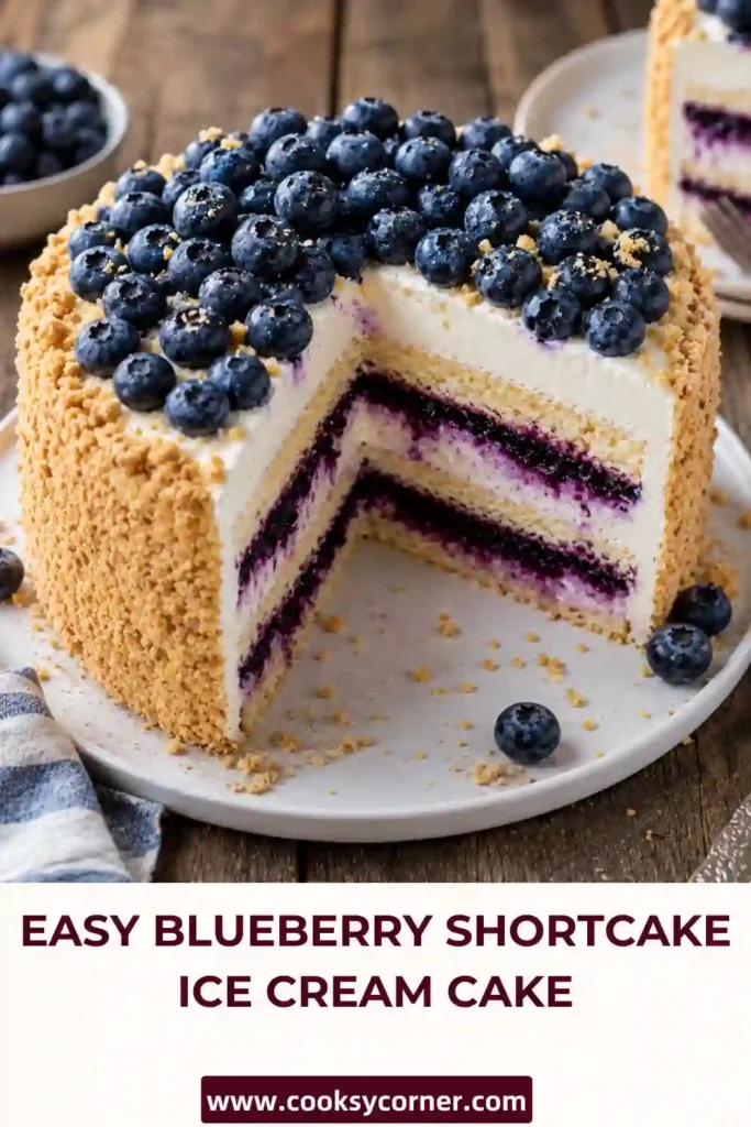 Homemade Blueberry Shortcake Ice Cream Cake garnished with whipped cream and fresh blueberries. A refreshing frozen dessert with rich berry flavor.