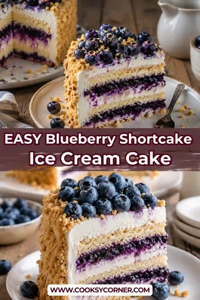 A slice of Blueberry Shortcake Ice Cream Cake showing layers of vanilla ice cream, blueberry filling, and tender shortcake. Perfect for summer celebrations.