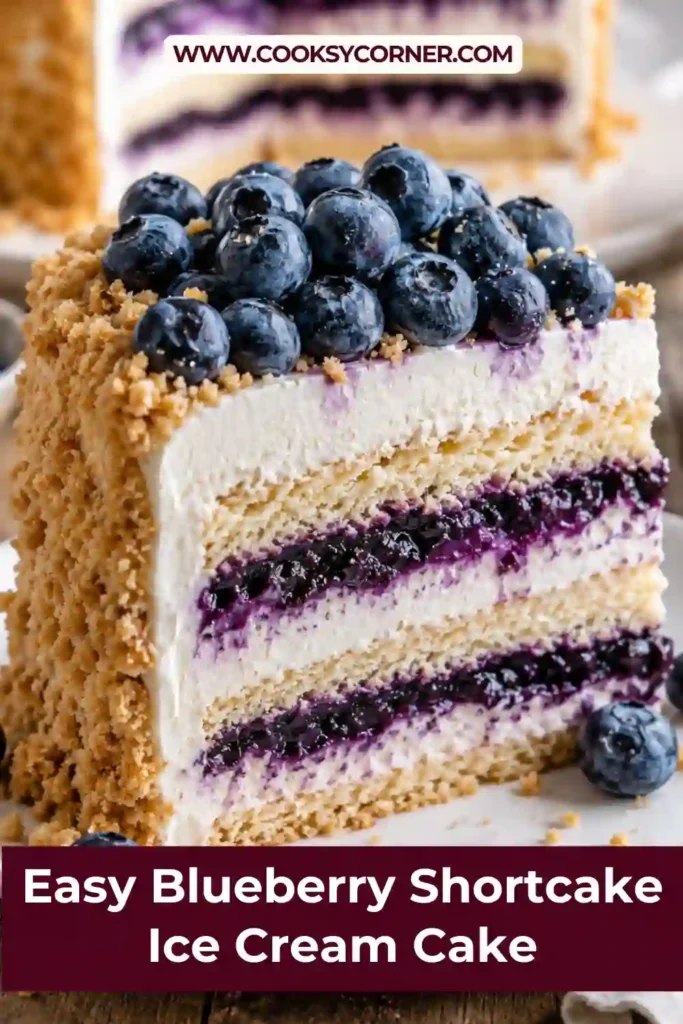 Blueberry Shortcake Ice Cream Cake topped with fresh blueberries and whipped cream. This frozen blueberry dessert features layers of homemade shortcake and creamy vanilla ice cream.