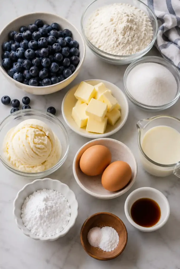 Beautiful Blueberry Shortcake Ice Cream Cake served on a dessert plate with fresh blueberries. Creamy, fruity, and perfect for warm-weather entertaining.