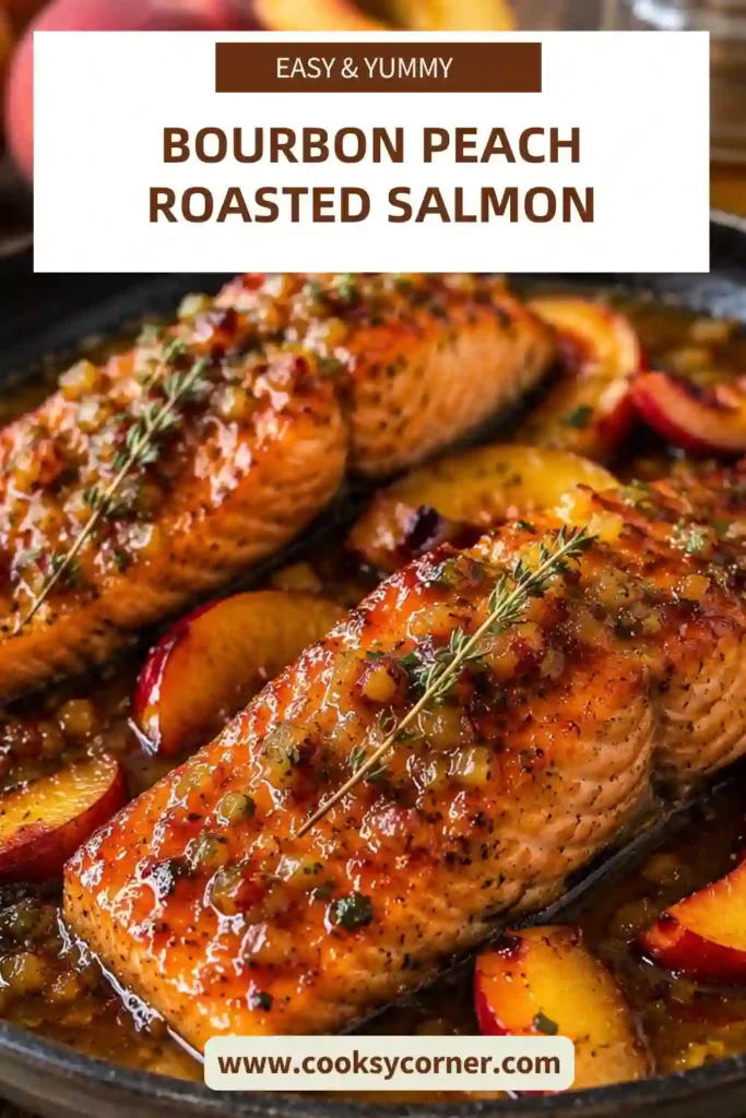 3. Tender Peach Roasted Salmon served on a white plate with roasted vegetables and parsley garnish. The glossy peach glaze adds beautiful color and flavor.