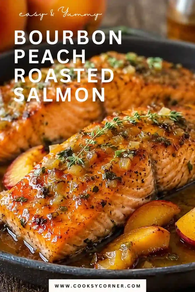 1. A perfectly roasted Bourbon Peach Roasted Salmon topped with fresh peach glaze and chopped parsley. The flaky salmon is served warm with vibrant summer flavors.