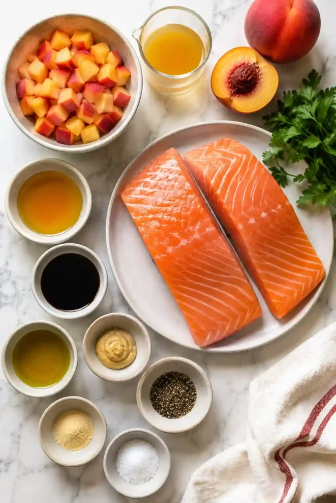 4.
Freshly baked salmon fillets coated with homemade peach glaze and garnished with parsley. A simple, elegant meal perfect for weeknight dinners.