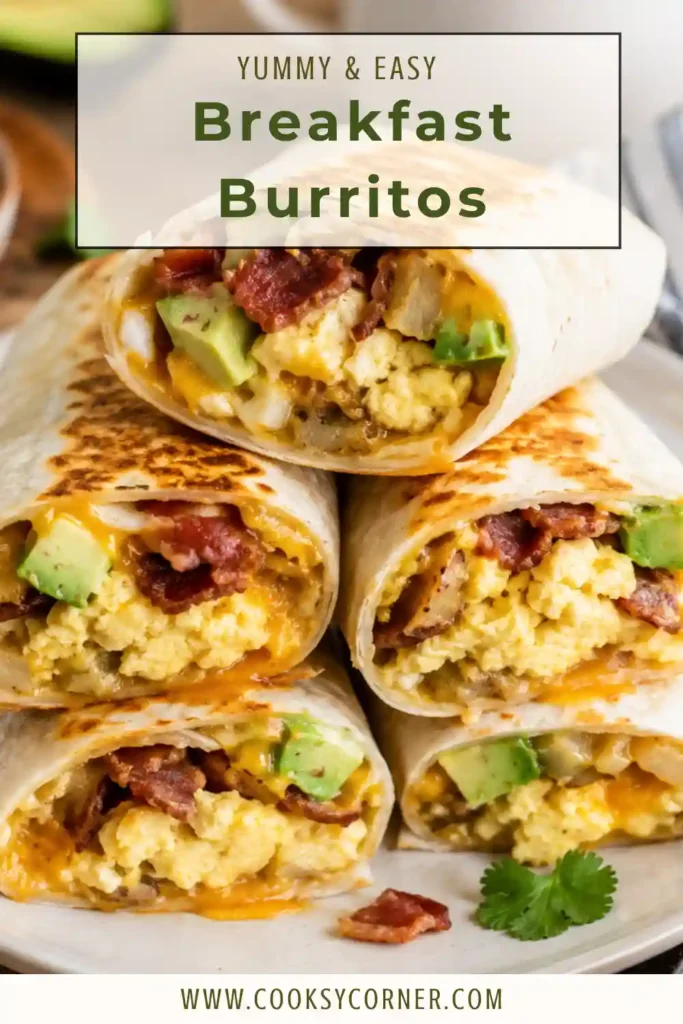 Crispy breakfast burrito recipe featuring fluffy eggs, golden hash browns, melted cheese, fresh avocado, and chunky salsa on a serving plate.