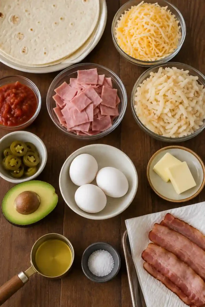 Golden Breakfast Burritos with a crispy cheese crust, stuffed with scrambled eggs, turkey ham, hash browns, avocado, and salsa for a satisfying breakfast.