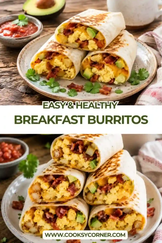 Homemade Breakfast Burritos served warm with crispy cheese on the outside and a hearty filling of eggs, hash browns, turkey ham, and avocado.
