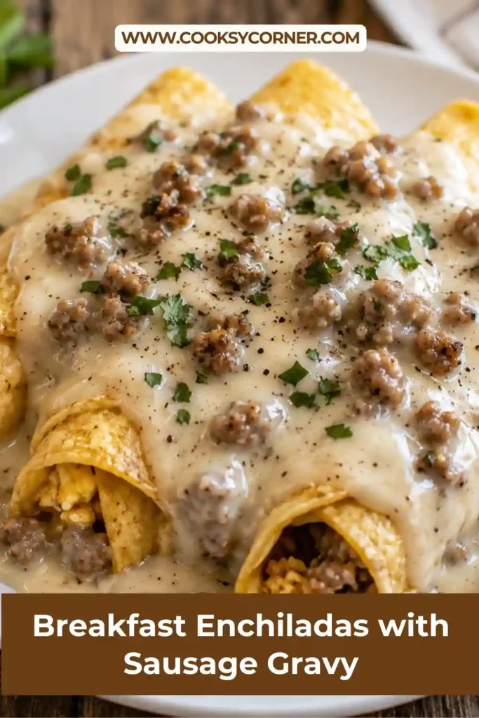 Close-up of cheesy Breakfast Enchiladas with Sausage Gravy topped with fresh parsley. The creamy gravy and golden baked tortillas make an irresistible breakfast.