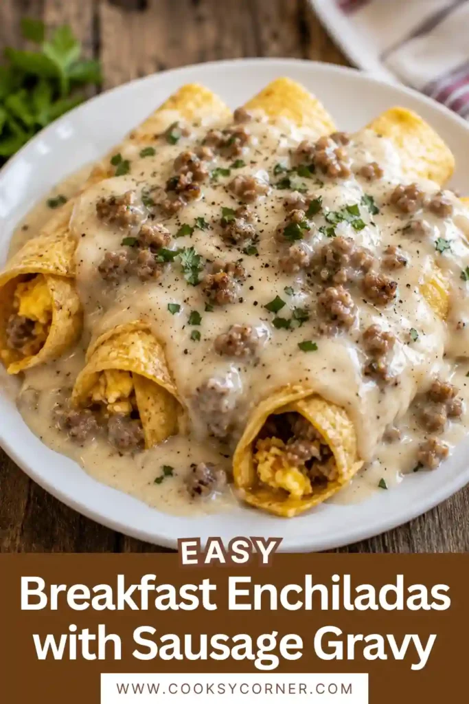 A casserole dish of Breakfast Enchiladas with Sausage Gravy served warm for brunch. Rich gravy and melted cheese create a comforting breakfast everyone will enjoy.