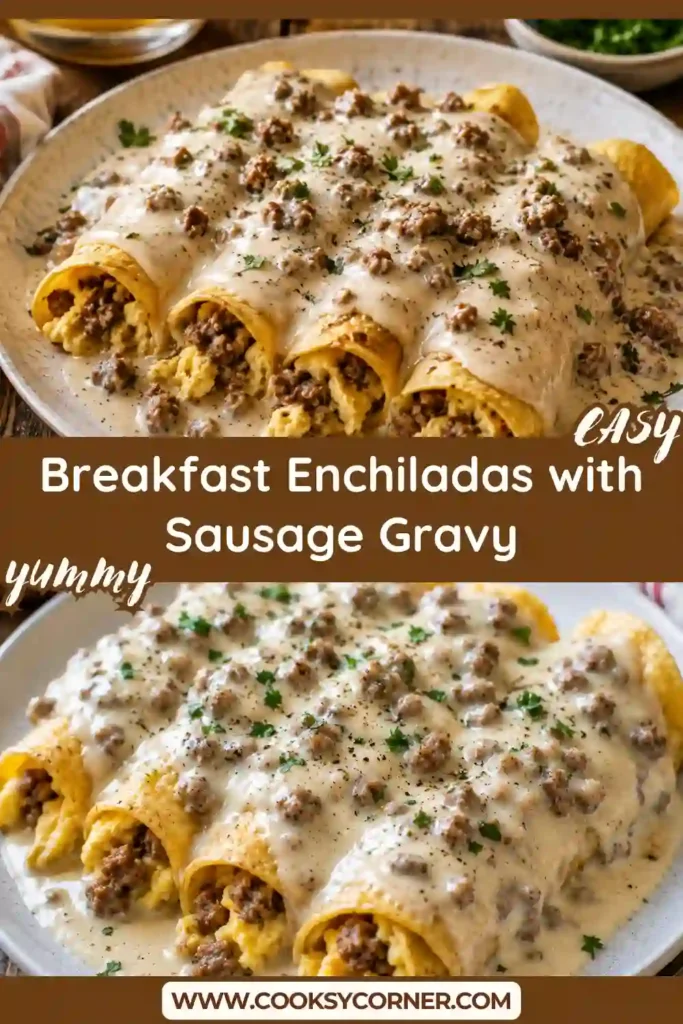 Breakfast Enchiladas with Sausage Gravy baked until golden and topped with creamy homemade beef sausage gravy. The enchiladas are filled with fluffy eggs, melted cheese, and crispy hash browns.
