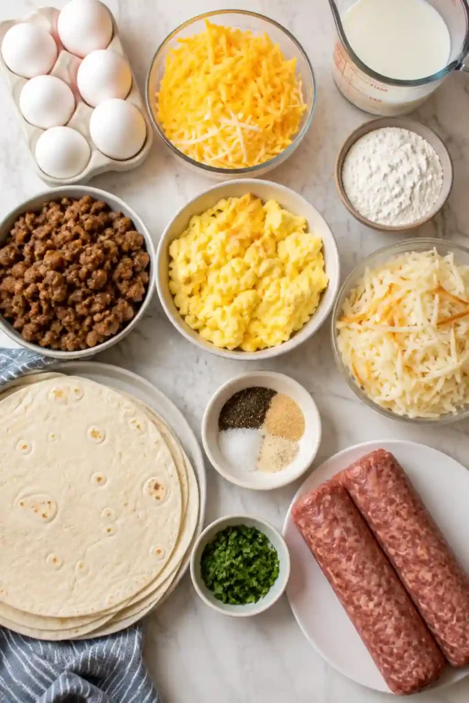 Freshly baked Breakfast Enchiladas with Sausage Gravy arranged in a casserole dish. Perfect for holiday breakfasts, meal prep, and family gatherings.