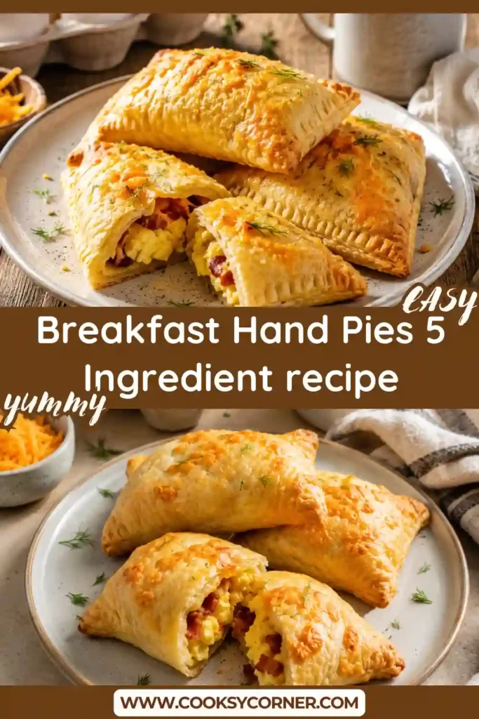 1. Golden Breakfast Hand Pies made with flaky puff pastry, scrambled eggs, cheddar cheese, and turkey bacon on a serving plate.
