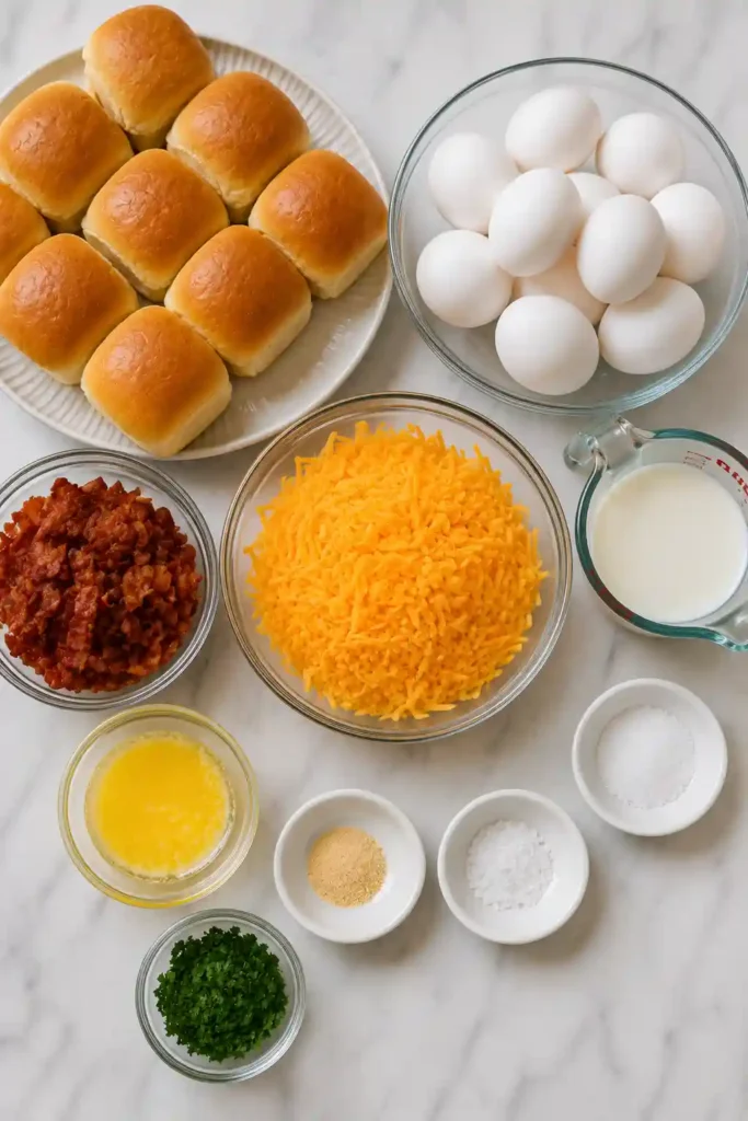 Freshly baked Breakfast Sliders arranged on a serving platter for brunch with melted cheddar cheese and fluffy eggs.