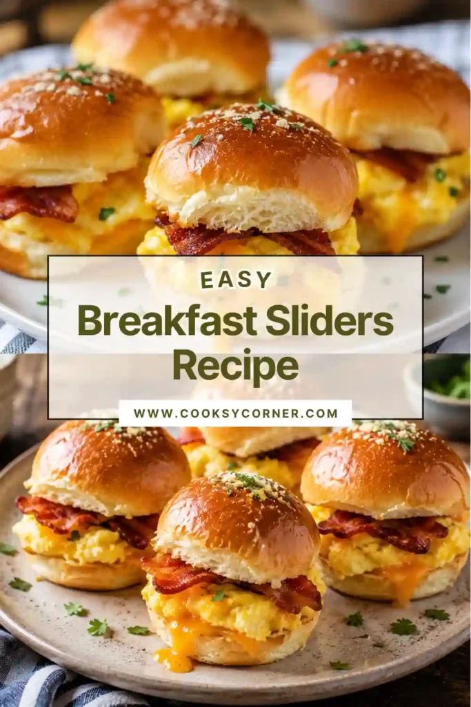 Easy baked Breakfast Sliders featuring scrambled eggs, cheddar cheese, and turkey bacon or beef sausage on golden dinner rolls.
