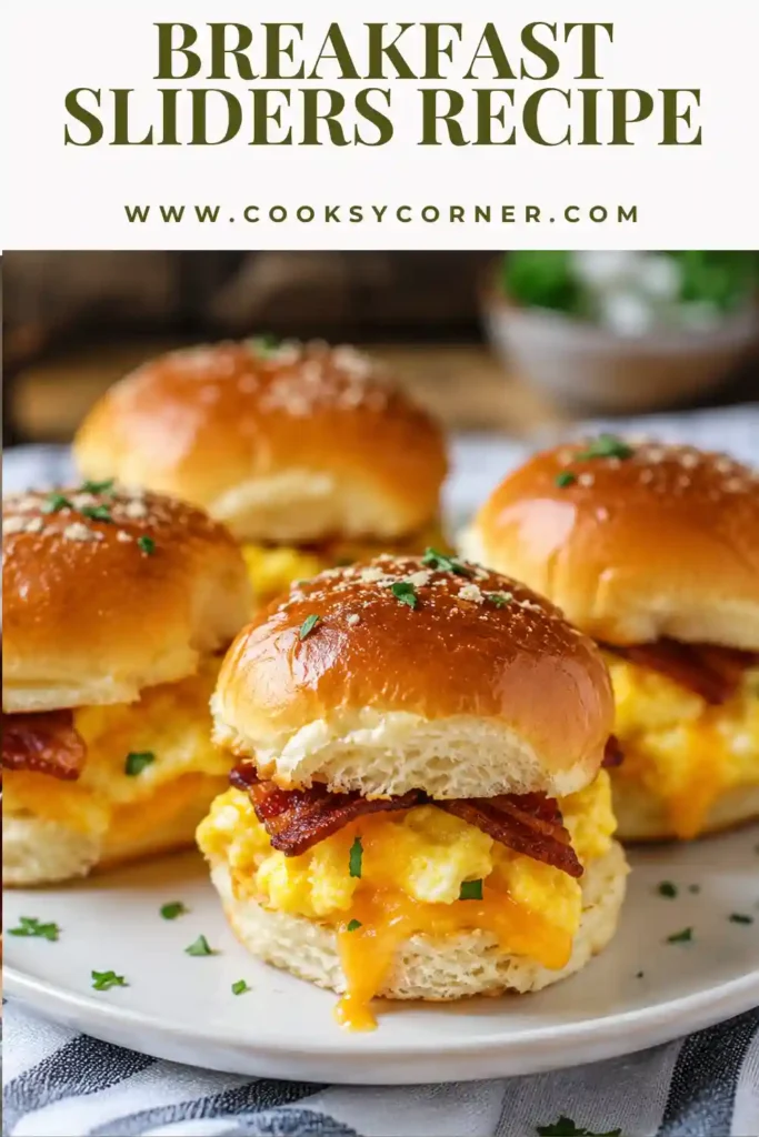 Homemade Breakfast Sliders filled with fluffy scrambled eggs, melted cheddar cheese, and turkey bacon on soft baked slider buns.