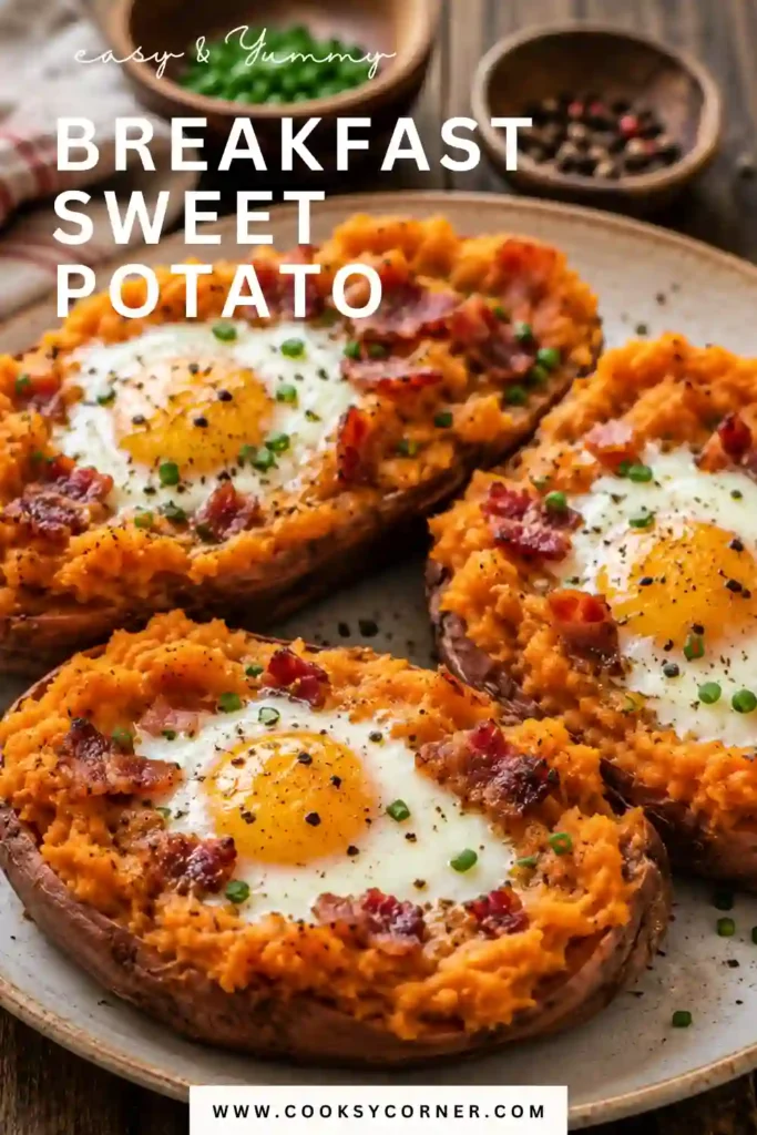 A close-up of baked Breakfast Sweet Potato topped with perfectly cooked eggs and chopped scallions. Creamy filling and melted cheese create a hearty morning meal.