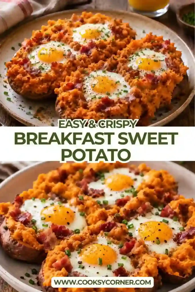 Stuffed sweet potatoes served warm with baked eggs and creamy cheddar cheese. This healthy breakfast recipe features golden roasted sweet potatoes and fresh herbs.