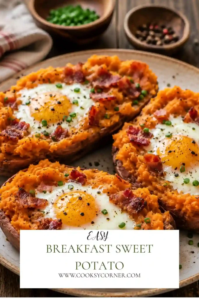 Freshly baked Breakfast Sweet Potato filled with fluffy eggs, melted cheddar cheese, and savory turkey ham. The baked sweet potato is topped with fresh scallions for a colorful finish.