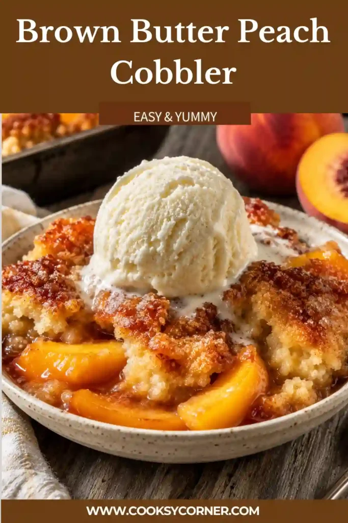 Warm Brown Butter Peach Cobbler baked until golden with juicy fresh peaches bubbling beneath a buttery crust. Served with creamy vanilla ice cream for the perfect summer dessert.