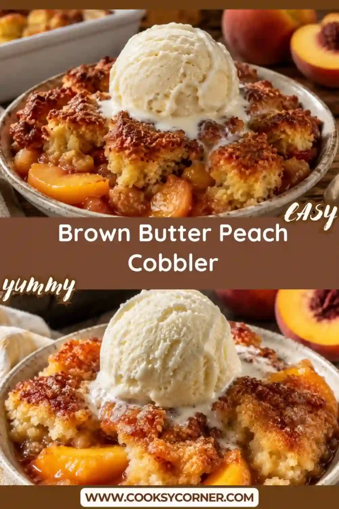 Fresh Brown Butter Peach Cobbler in a baking dish featuring ripe peaches, cinnamon, and a crisp golden topping. A classic homemade peach dessert served warm.