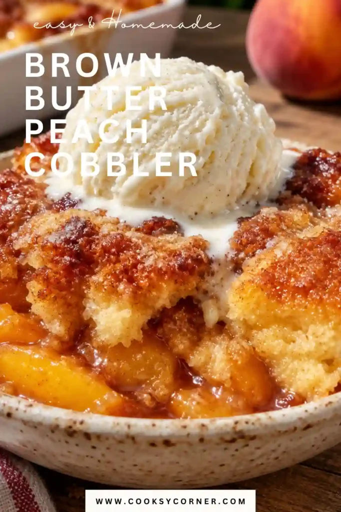 Close-up of Brown Butter Peach Cobbler topped with melting vanilla ice cream. Sweet peaches and buttery crust make this easy peach cobbler recipe irresistible.