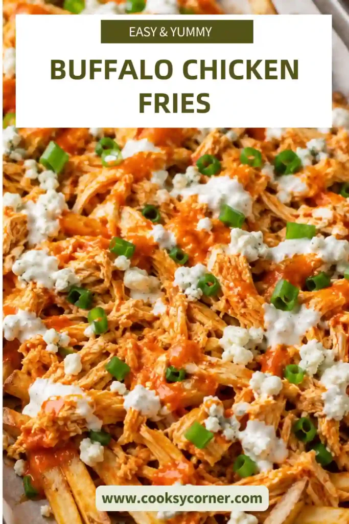 A close-up of Buffalo Chicken Fries featuring crispy potatoes, tender buffalo chicken, and rich blue cheese dressing. Fresh herbs provide a bright finishing garnish.