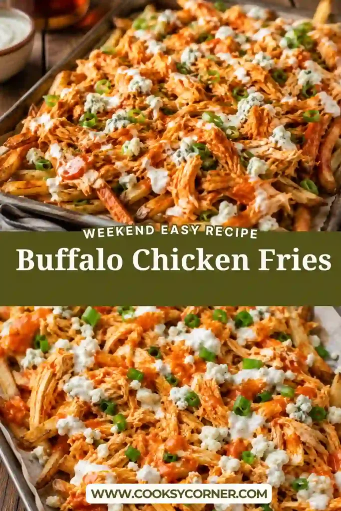 Loaded Buffalo Chicken Fries topped with spicy chicken, creamy dressing, and blue cheese. The fries are golden, crispy, and perfect for game day entertaining.