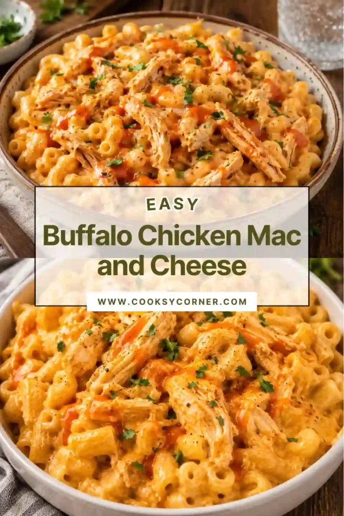 Close-up of Buffalo Chicken Mac and Cheese featuring creamy cheese sauce, tender chicken, and perfectly cooked macaroni. This comforting pasta dish is rich, cheesy, and full of bold buffalo flavor.