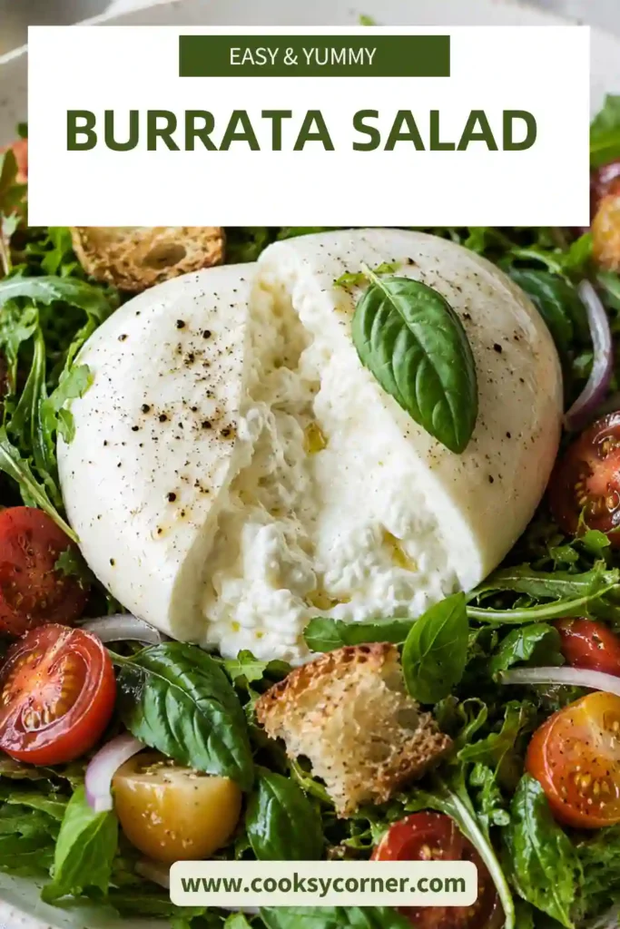 Italian Burrata Salad featuring spring mix, creamy burrata cheese, avocado, cherry tomatoes, fresh basil, green onions, and homemade croutons with balsamic vinaigrette.