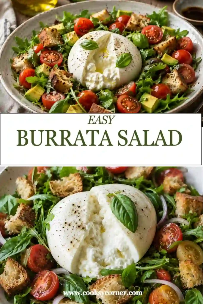 Easy Burrata Salad topped with ripe tomatoes, basil, avocado, and crunchy golden croutons, finished with homemade balsamic dressing for a light and flavorful meal.