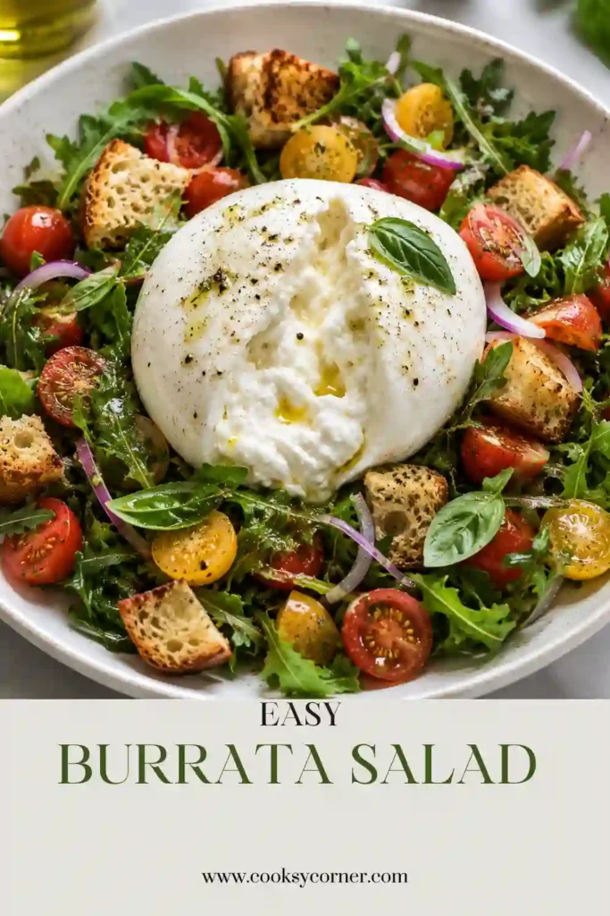 A colorful Burrata Salad Recipe served with creamy burrata cheese, cherry tomatoes, avocado, fresh basil, spring mix, homemade croutons, and balsamic vinaigrette. This fresh Italian-inspired salad is perfect for summer meals.